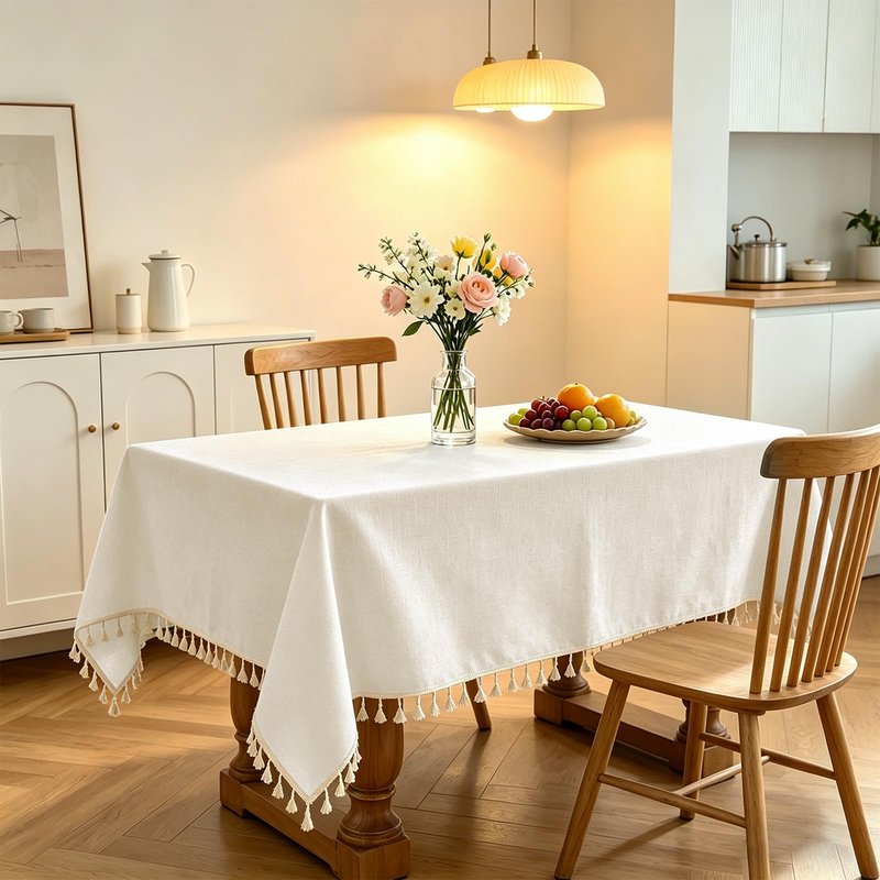 Alsoo Table Cloth Rectangle Table 55" x 90" Linen Look Texture Cotton Tablecloth Waterproof Wrinkle Free Heavy Duty Tables Cover with Tassel for Kitchen Dining Holiday Party, Ivory