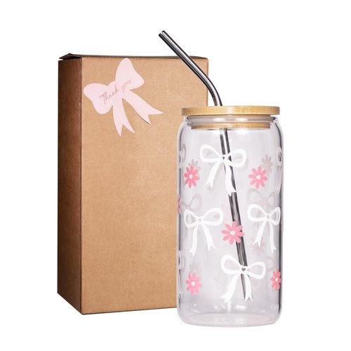 Ndahjahd Coquette Daisy Bow Glass Cup with Bamboo Lid & Straw - 16oz Aesthetic Tumbler, Leakproof Iced Coffee Cup for Women, Reusable Gift Set with Cleaning Brush(White)