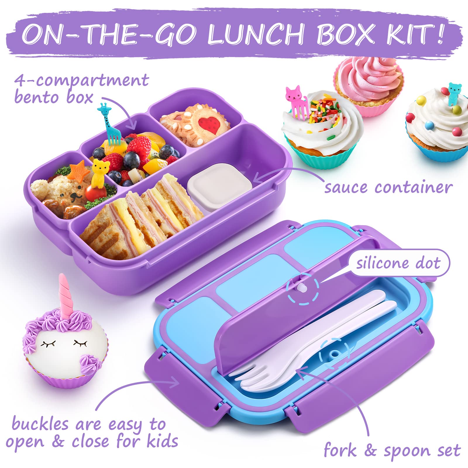 QQKO Bento Lunch Box for Kids Girls Boys, Toddler Kids Lunch Boxes for School, Lunch Containers for Adults with 4 Compartments, Sauce Container, Utensils, Food Picks and Muffin Cups, Purple