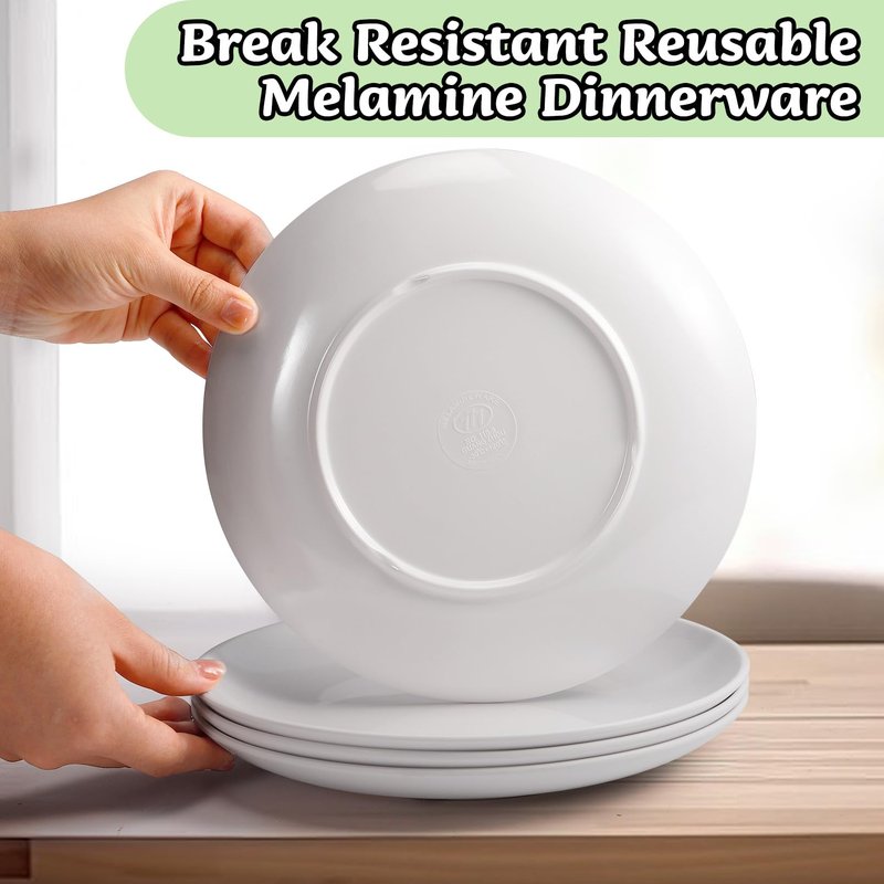 Tivcck 12 Pcs White Melamine Plates, 9 Inch Melamine Dinner Plates, Round Salad Plates, Reusable Dinnerware Dishes for Everyday Use, Indoor and Outdoor, Break-resistant