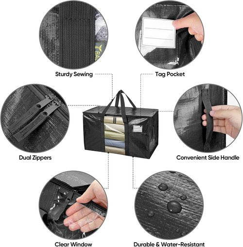BALEINE 4-Pack Heavy-Duty Moving Bags - Oversized Storage Totes with Reinforced Handles | Black w/Window
