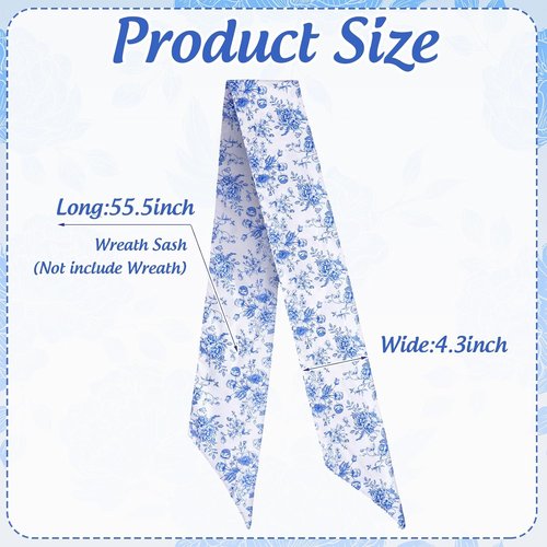 FYSUIMU Blue Flower Wreath Sash - Chinoiserie Floral Garland Ribbon for Holiday Decor | 2 Pcs