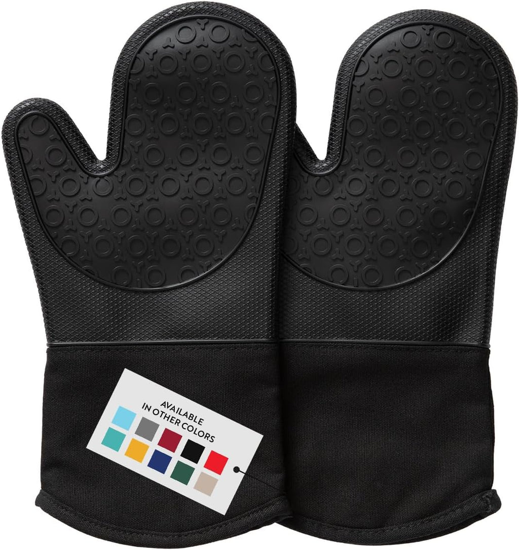 Skiennix BPA-Free Silicone Oven Mitts | Ultra Heat Resistant Up to 500°F - Black 13.7" with Cotton Liner