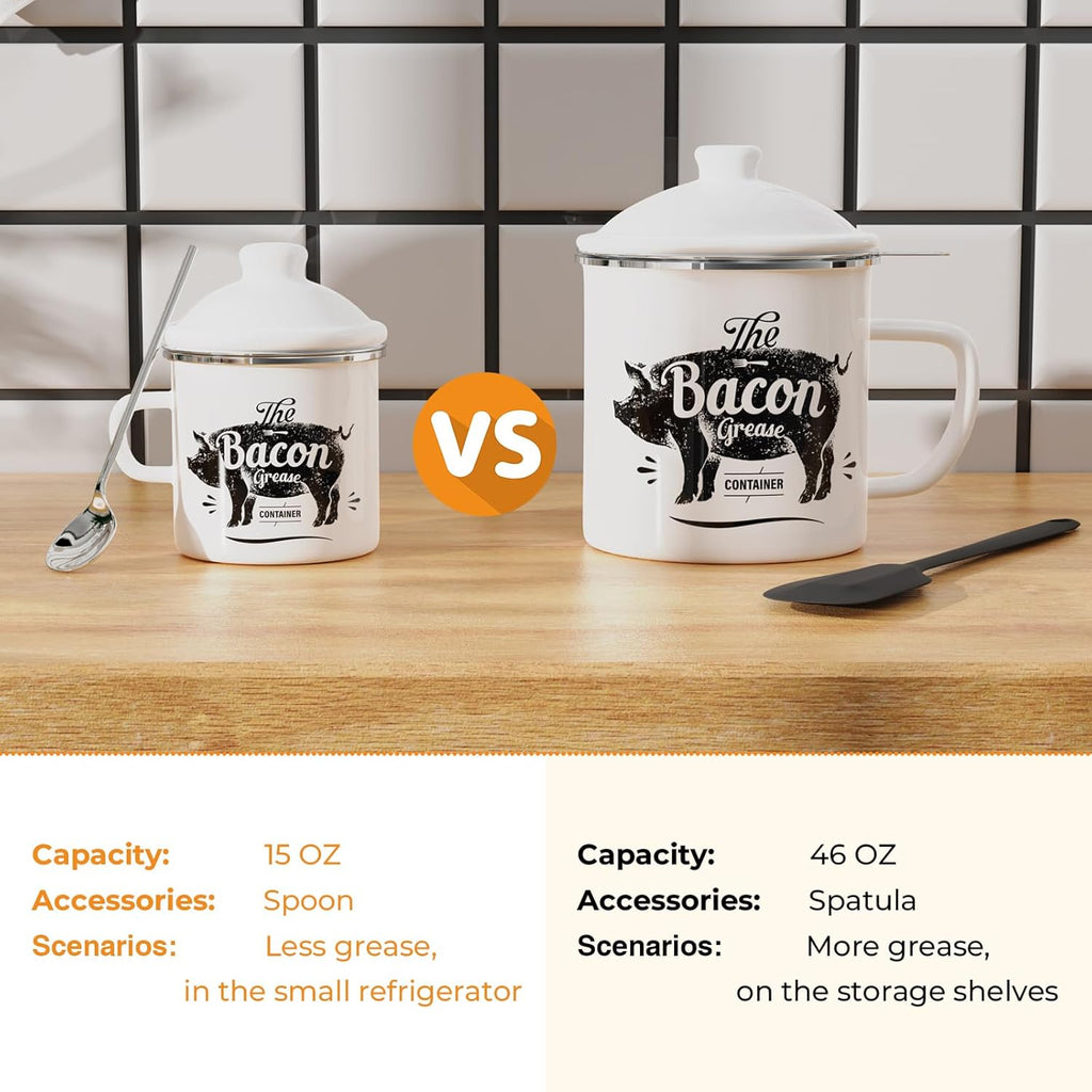 PGYARD Mini Bacon Grease Container - 15oz Enamel Strainer for Kitchen Fat Storage | Dishwasher Safe - White