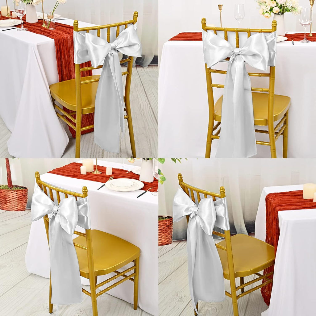 Showgeous Silver Satin Chair Sashes - 60 PCS Elegant Bows for Wedding & Event Decor | 7 x 108 Inch