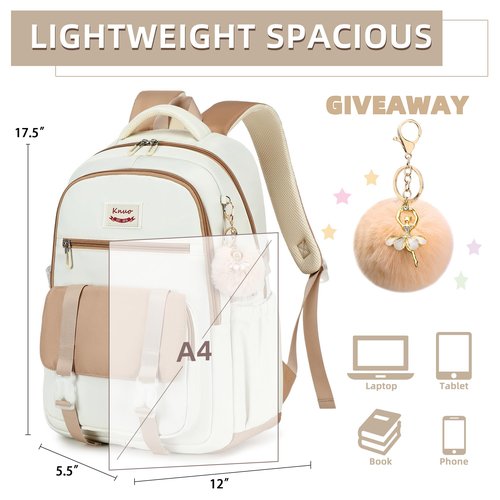School Backpack for Teen Girls College Backpacks for Women Students Bookbag Large 15.6 Inch Laptop Bags Kids Kindergarten Elementary Middle School Bag Anti Theft Daypack Travel Back Pack Beige