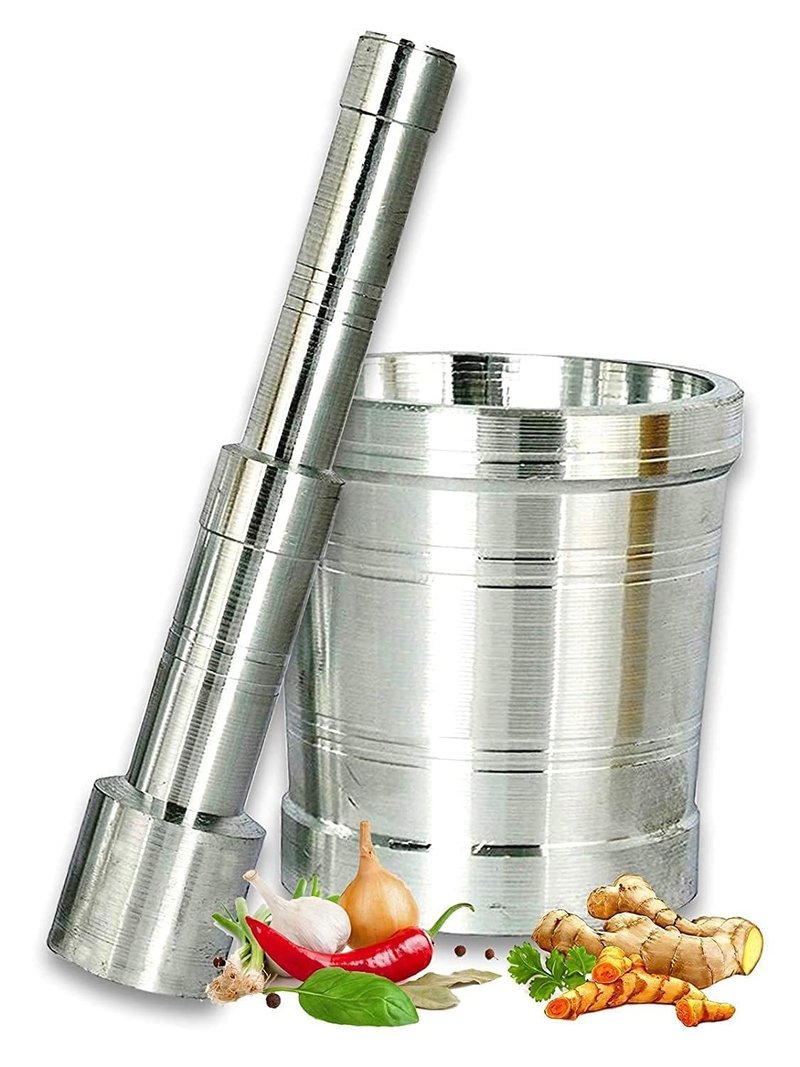 Aluminum Mortar & Pestle Set – Heavy Duty Okhli Masher for Grinding Spices & Herbs | Manual Khalbatta for Home & Kitchen Use