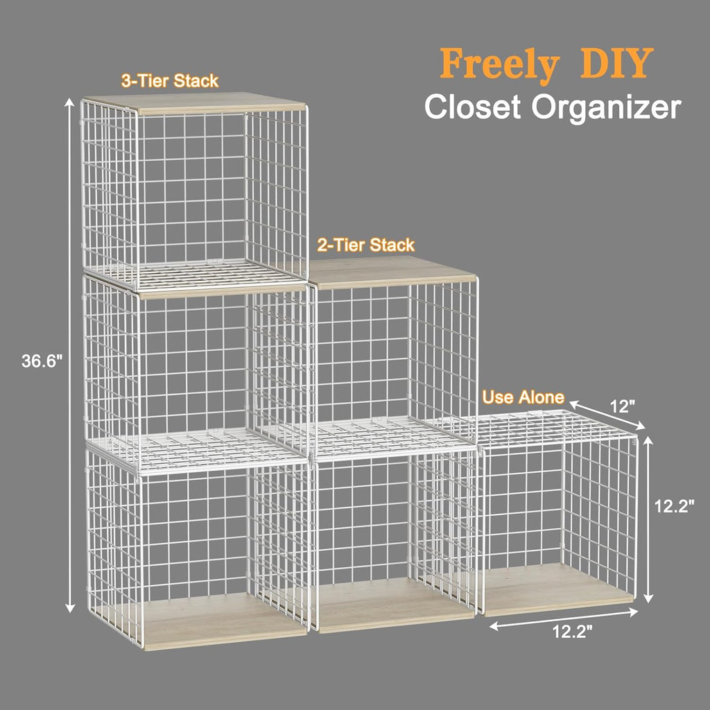 Skiennix Stackable Closet Organizers - Durable White Storage Bins with Wood Top for Wardrobe Organization