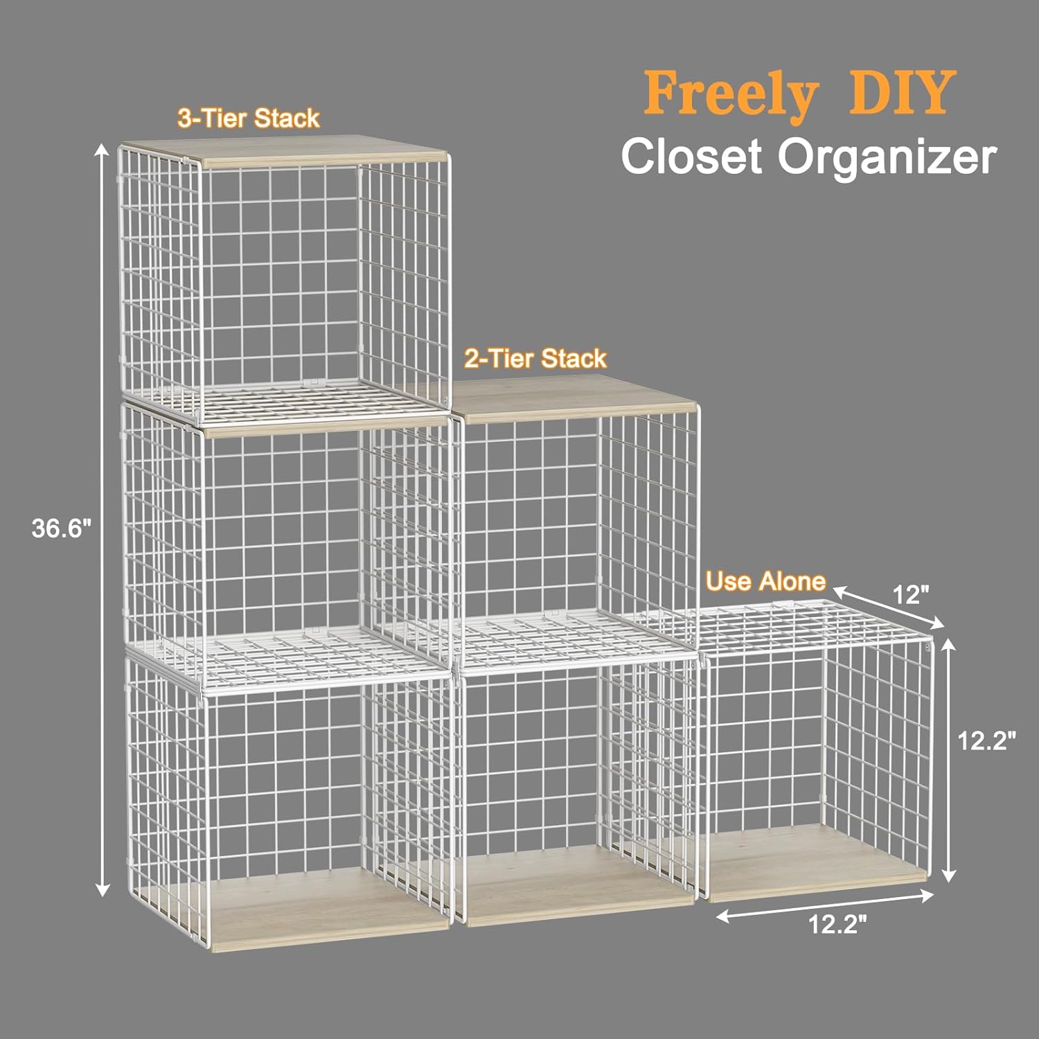 Skiennix Stackable Closet Organizers - Durable White Storage Bins with Wood Top for Wardrobe Organization