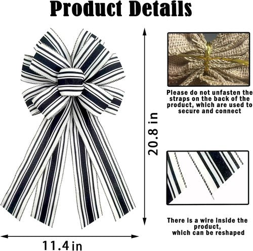 Christmas Black Burlap Wreath Bow - 20 x 11 Inches | Stylish Black & White Stripes for Home Decor
