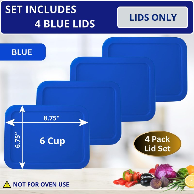 6 Cup/1.5 L Blue Replacement Lids/Covers for Pyrex 7211-PC, 6 Cup/48oz Anchor Hocking & Klare Ware Storage Bowls *Lids Only* - *Glass Container Not Included* (4 Pack, Blue)