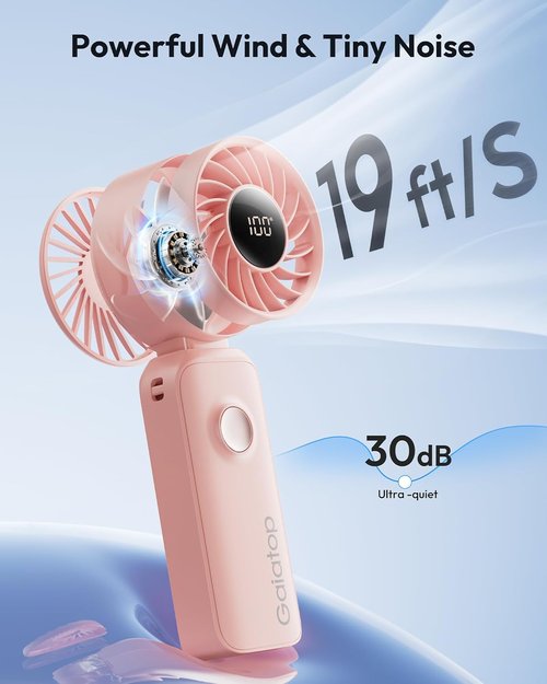 Gaiatop Portable Handheld Fan - 5 Speed Rechargeable with 18-Hour Battery Life | 3-in-1 Neck, Desk & Hand Fan - Pink