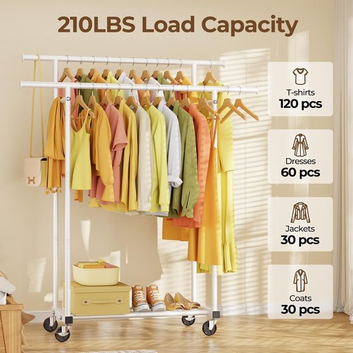 HYSEYY Rolling Clothes Rack - Sturdy Double Rod Portable Wardrobe for Bedroom & Laundry | White