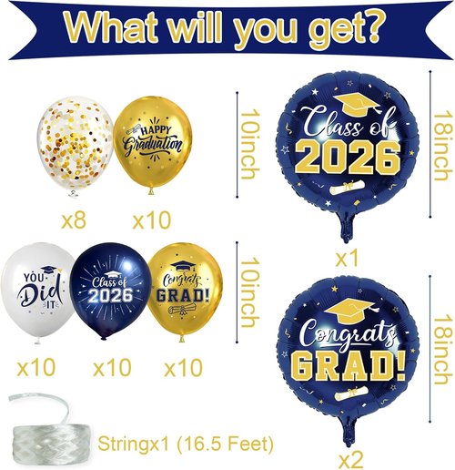 Graduation Decorations 2026 - Skiennix Navy Blue & Gold Balloons Set | 51Pcs Latex & Foil with Confetti Ribbons