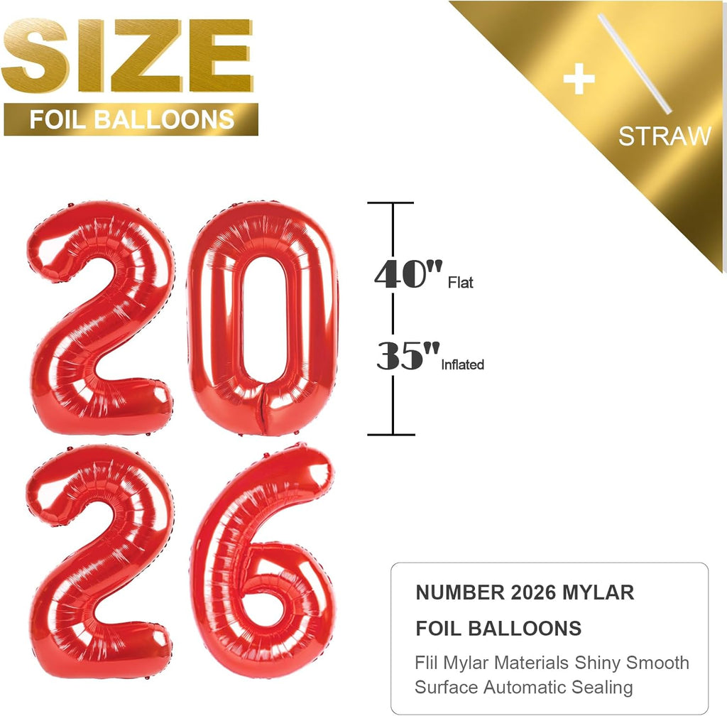 New Year’s Eve Decorations - 40 Inch Red Number Balloons for 2026 Celebrations | Perfect for Parties & Graduations