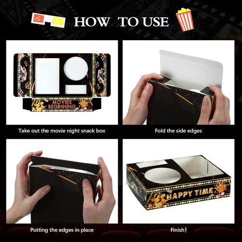 Faccito 36 Pcs Movie Night Snack Trays Theater Snack Boxes Disposable Cinema Paper Holder Movie Night Neon Glow Party Supplies for Popcorn Food Candy Drink Party Favors(Black Gold,Cute Style)