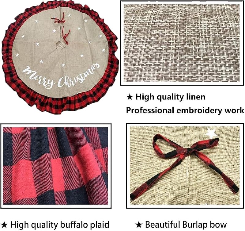 48-Inch Christmas Tree Skirt - Linen Burlap with Red Buffalo Plaid Border