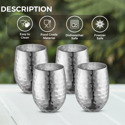 AVADOR Handcrafted Set of 4 Stainless Steel Shatterproof Glass Drinkware Tumbler Hammered Finish 16 Oz. each for Water | Wine | Moscow Mules | Stemless Wine Glass (Stainless Steel Finish)