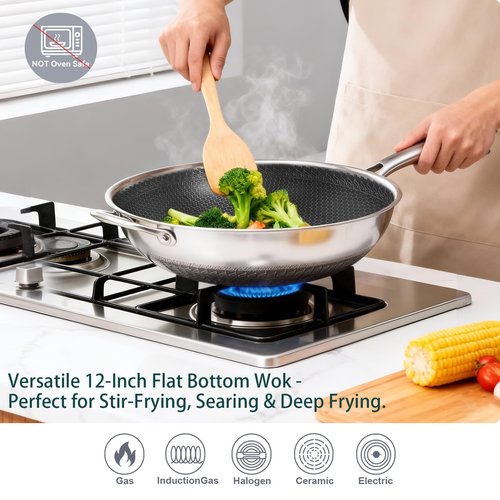 Boryenty 12 Inch Stainless Steel Honeycomb Wok with Standing Lid, Flat Bottom Stir Fry Pan, PFOA-Free Physical Nonstick, Induction Compatible & Dishwasher Safe Wok