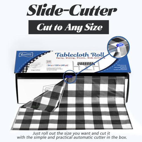 Vrisssot Plastic Table Cover Roll:Disposable Tablecloth 54 in X 120 ft with Easy Slide Cutter Black and White Checkered Tablecloth for Picnic, Party, Birthdays Fit Any Shape & Size Tables