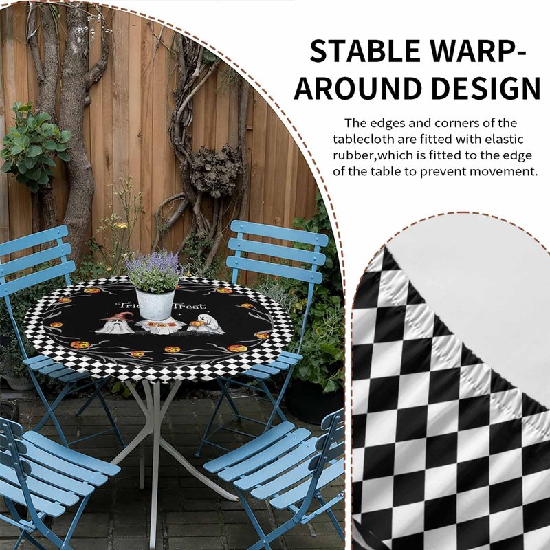 Halloween Fitted Tablecloth for Round Table,Trick Or Treat Quotes Table Cover with Elastic Edge Waterproof Table Cloth,Pumpkin Ghost Face Black White Plaid Table Covers for Kitchen Indoor 45-54in