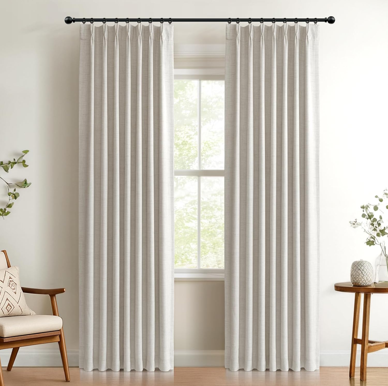 Skiennix 100% Blackout Curtains - Textured Faux Linen Drapes for Bedroom & Living Room | 84" Long, Beige, 2 Panels Set