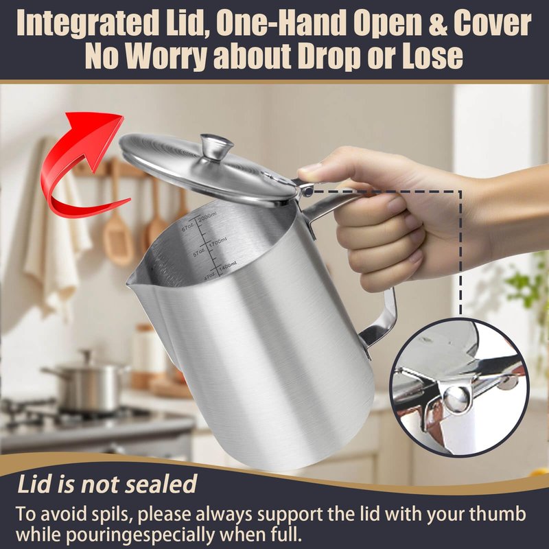 Stainless Steel Pitcher with Lid, 67 oz/2000 ml Large Metal Measuring Cup with Handle, Dual Scale Markings Graduated Beakers, Milk Frothing Jug for Espresso Machines, Latte Art, Iced Tea, Hot Water
