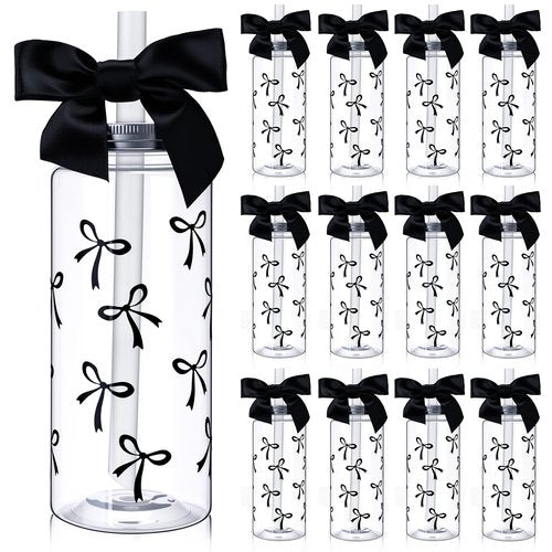 Skylety 12 Pcs 14 oz Black Bow Plastic Cups Reusable Coquette Bottles with Lids and Straws Black Reusable Plastic Aesthetic Cup with Ribbon Bow for Birthday Wedding Women Bridal Shower Party Supplies