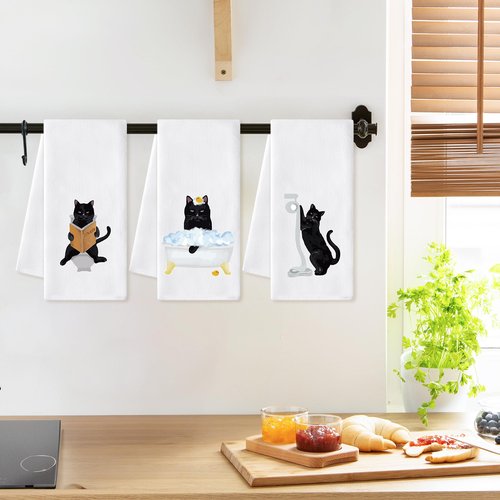 AellasNervalt Black Cat Hand Towel - 6Pcs Funny Bathroom Black Cat Decorative Kitchen Dish Cloths Set Absorbent Polyester Towels for Bath Bar Dining Room Decor, Housewarming Gift for Hostess & Home