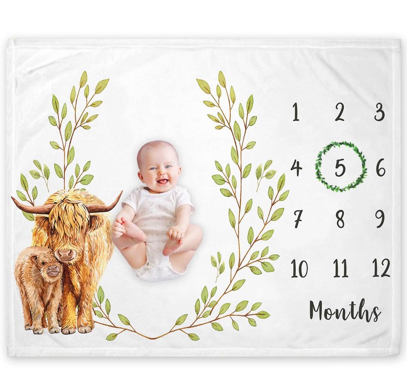 Yuzioey Highland Cow Milestone Blanket, Monthly Growth Chart, Watch Me Grow Nursery for New Moms Baby Shower (50"x40")