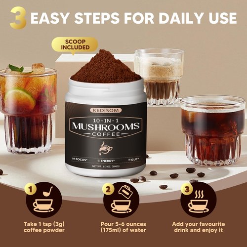 KEDISOM 10 in 1 Mushrooms Coffee, Instant Mushroom Coffee Powder with Lion's Mane, Cordyceps, Reishi, Shiitake, Turkey Tail, King Trumpet, for Focus, Energy, Immunity, 180g, 60 Servings