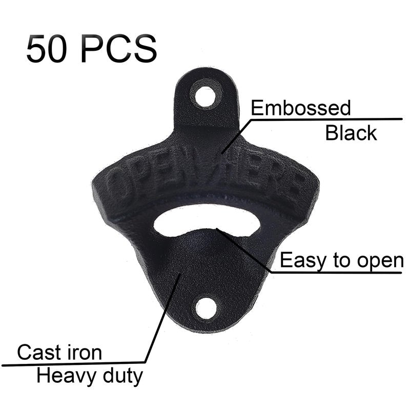 Jumiok 50 Packs Black Cast Iron Beer Bottle Opener Wall Mounted Soda Cap Opener Bulk Open Here for Bar DIY Board Table Cooler