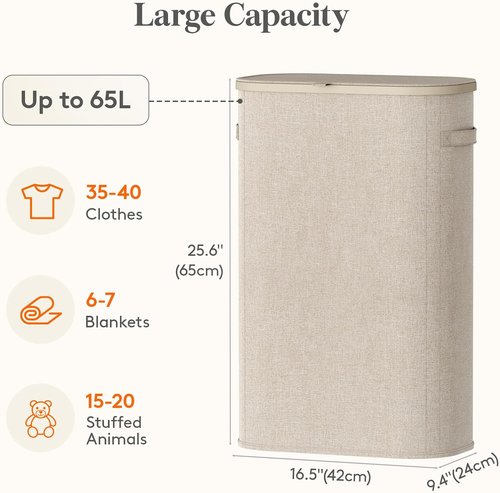 Lifewit Slim Laundry Basket - Tall 65L Hamper with Lid & Removable Bag | Beige, Perfect for Any Room