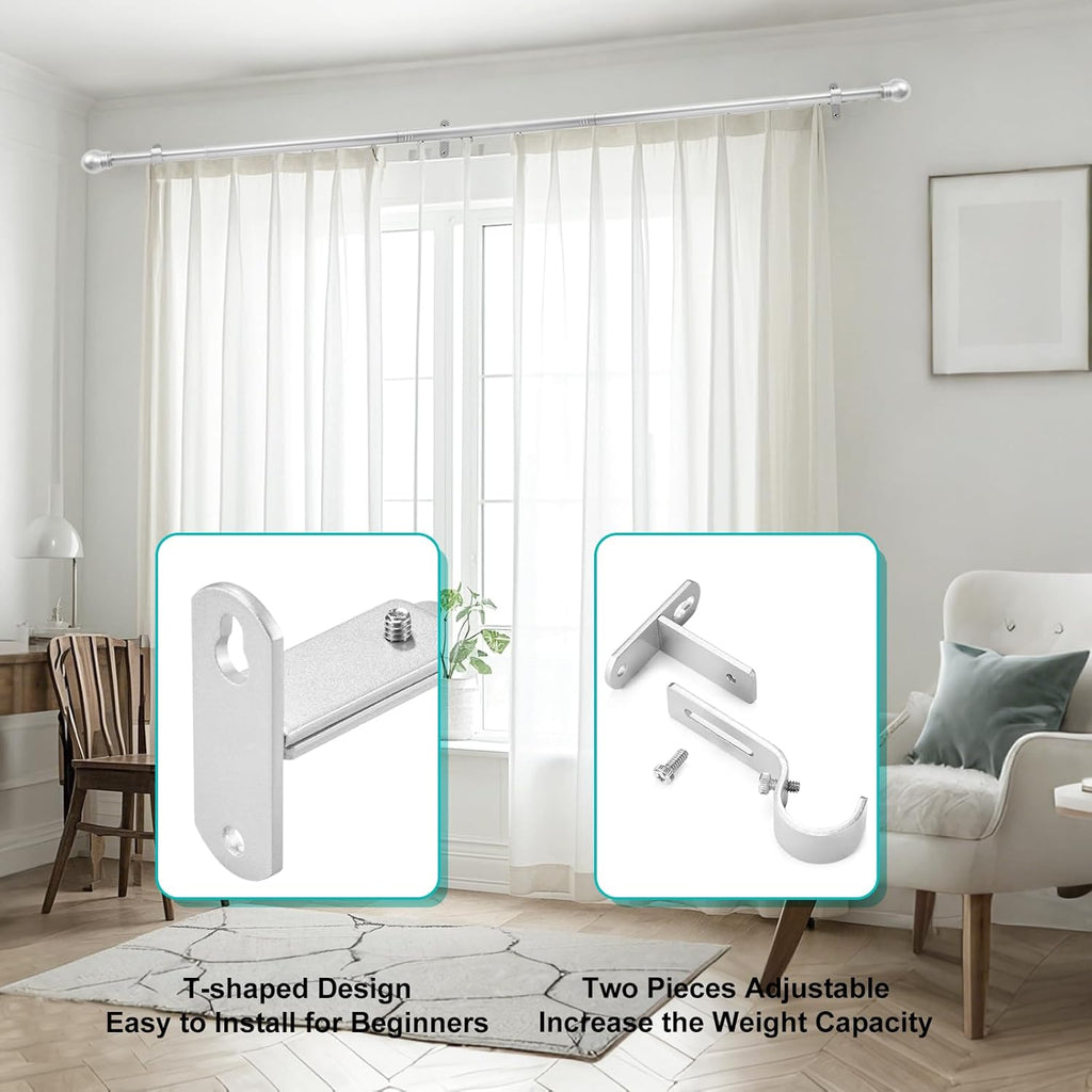 Skiennix Adjustable Curtain Rod Brackets - Metal Drapery Rod Holders for 1 Inch Rods | Satin Silver, Set of 2
