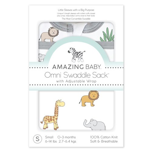 Amazing Baby Omni Swaddle for Newborn, Transitional to Arms Up Sleeves & Mitten Cuffs, Easy Transition Sleep Sack for Better Sleep, On Safari, Small, 0-3 Months