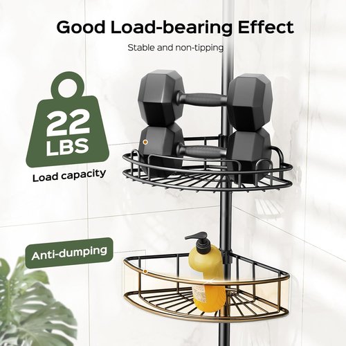 HAMITOR Corner Shower Caddy - 4-Tier Rust-Resistant Bathroom Organizer | Adjustable 47-121 Inch - No-Drill Installation, Space-Saving Black Shelves