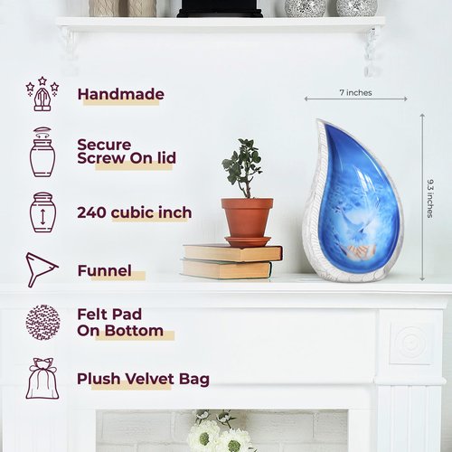 Trupoint Memorials Cremation Urns for Human Ashes, Decorative Burial Urn for Adult Men & Women – Large, White Blue Teardrop Dove