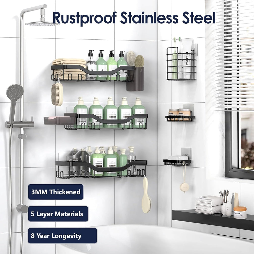 NESOMI Shower Caddy - Rustproof Stainless Steel Organizer with Soap Dish & Hooks | 8-Pack, No-Drill Storage