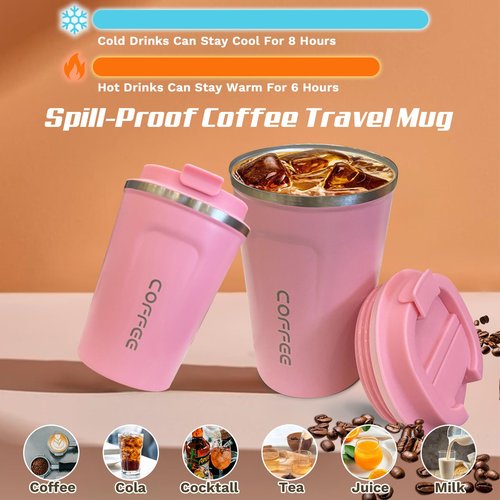 SPLMIFA Travel coffee mugs leak-proof, reusable coffee cups with lids, stainless steel vacuum insulated coffee tumblers, thermal insulation cups for men & women keep drinks hot & cold(2nd-Pink, 12OZ)