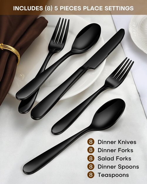 Stapava 40-Piece Black Silverware Set, Stainless Steel Food Grade Flatware Set for 8, Heavy Duty Utensils Cutlery Set for Home Restaurant and Hotel, Mirror Polished, Dishwasher Safe Tableware Set