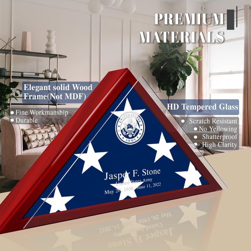 ELEDUME DIY Flag Display Case for 5*9.5’ Folded Burial Flag, Tempered Glass Front Military Shadow Box, Solid Wood Memorial Flag Frame Display case for American Veteran, Custom Letters and Logos
