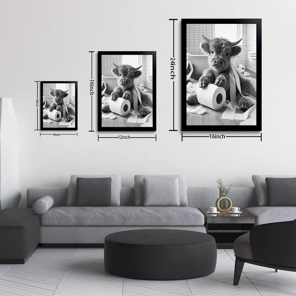 OIQArt Funny Bathroom Wall Art - Black and White Highland Cow Canvas Prints | Modern Minimalist Decor