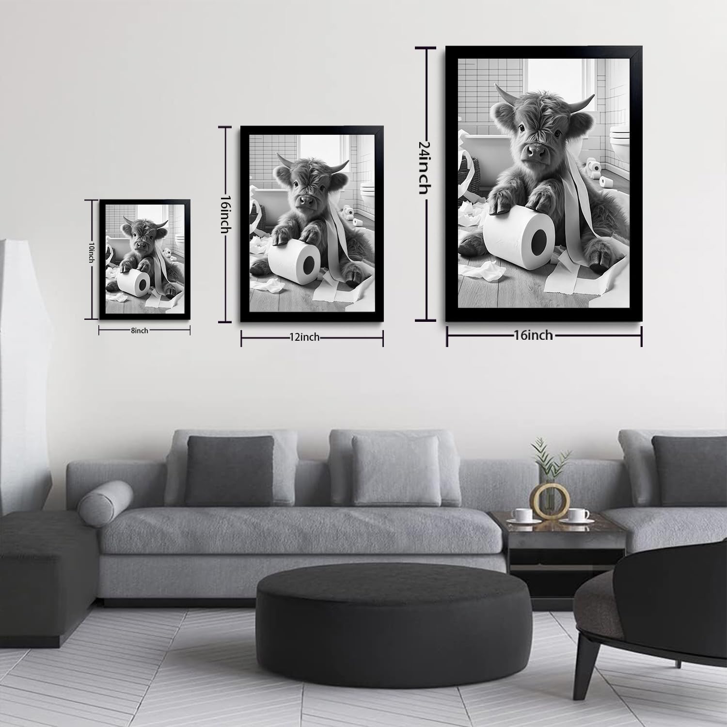 OIQArt Funny Bathroom Wall Art - Black and White Highland Cow Canvas Prints | Modern Minimalist Decor