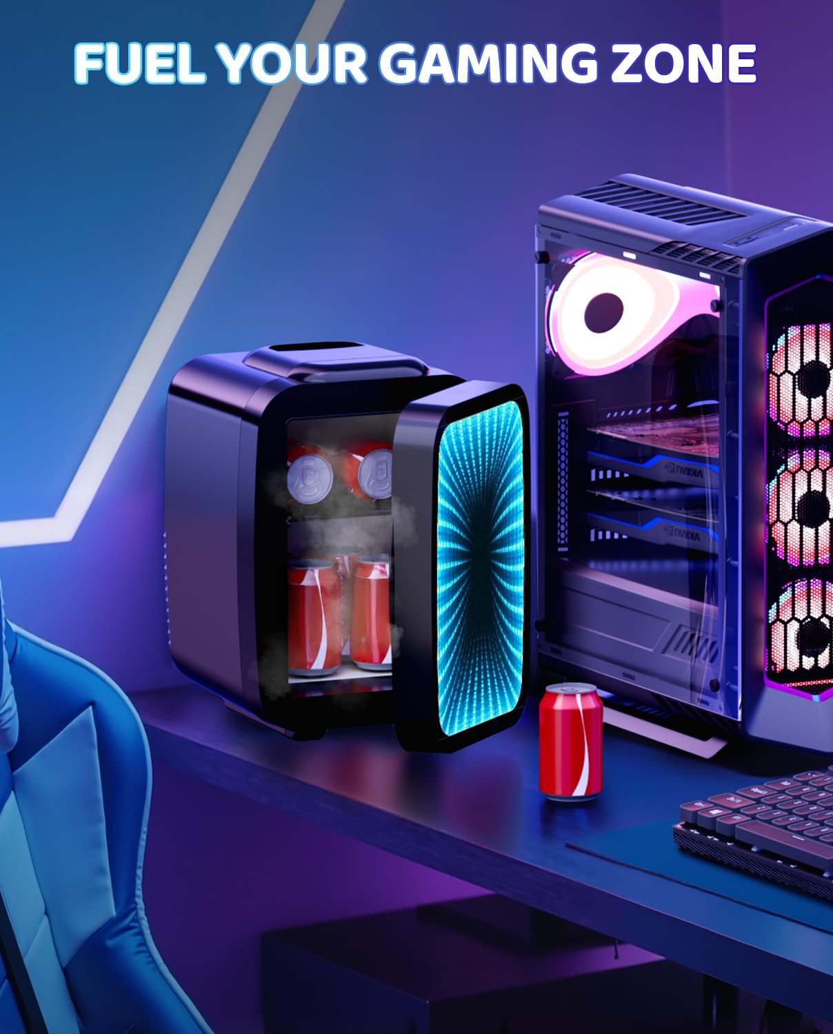 LIGIANT MF01C Mini Fridge, 7 Light Modes With Running Light Mode, 4 Liter/6 Cans, Quiet Cooling & Retention Function, AC/DC Power, Gaming Mini Fridge for Bedrooms, Office and Car