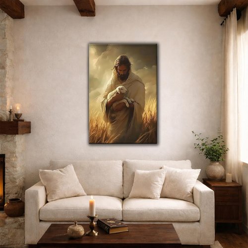 Jesus Holding Lamb Framed Canvas Wall Art - Christian Good Shepherd Painting for Home & Church | 12x16 Inch Ready to Hang