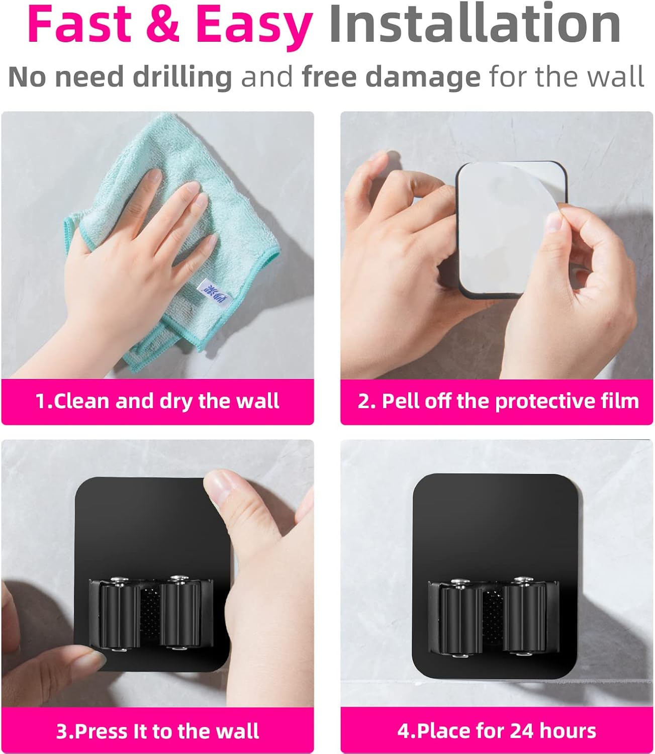Skiennix Broom Holder Wall Mount - Super Anti-Slip Design for Kitchen, Bathroom & Garage | 4 Pack, Black