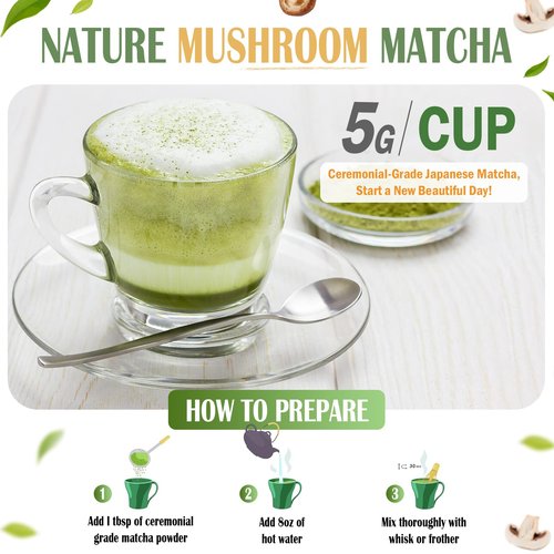 Mushroom Matcha Powder, Japanese Ceremonial Matcha Infused With 7 Superfood Mushrooms, MCT Oil, Coconut Milk Powder, Natural, Gluten Free, Taste Great Matcha Latter 8 Oz(45 Servings)