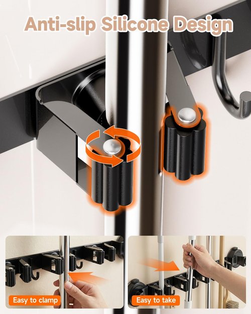 2026 Upgrade Broom Holder by [Brand Name] - Wall-Mounted Organizer with 4 Racks & 3 Hooks | Removable & Reusable for Home, Kitchen, Laundry