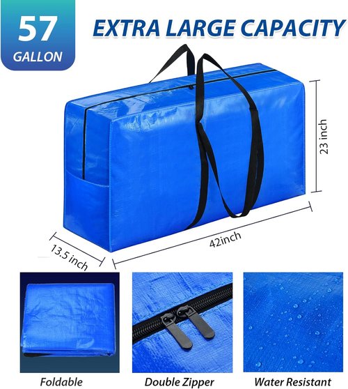 57 Gallon Extra Large Storage Bags by [Brand Name] - Heavy Duty Jumbo Moving Totes | 42x23x13.5 Inch - 2 Pack