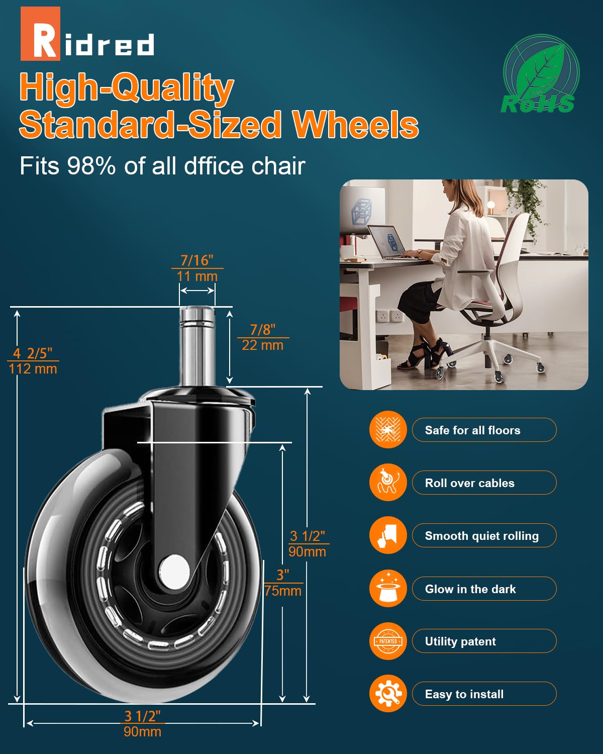 RidRed Office Chair Wheels - Heavy-Duty 3-Inch Rubber Casters | Universal Fit, Noise-Free, 5 Pack